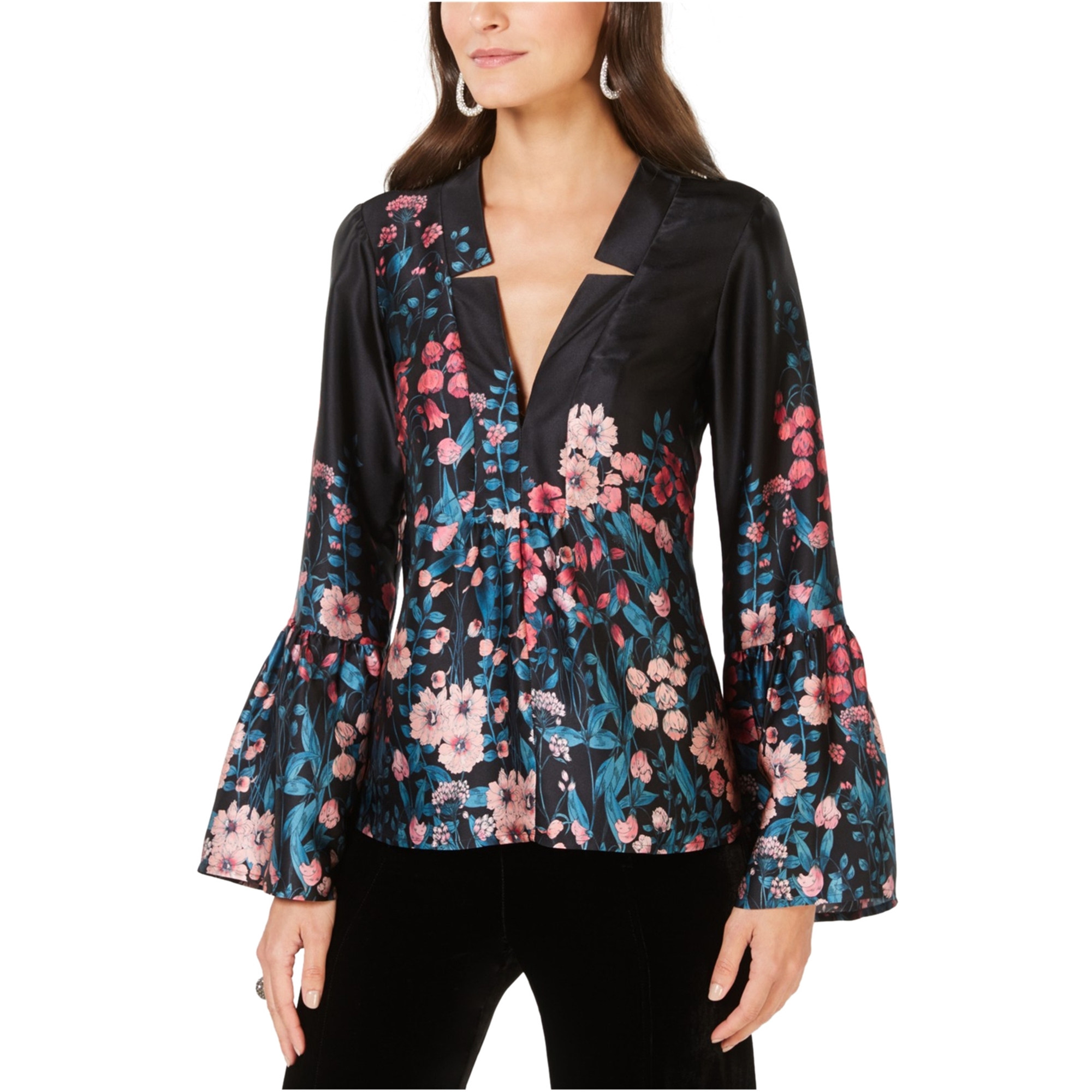Nanette Lepore Womens Silk Floral Pullover Blouse, Black, Large